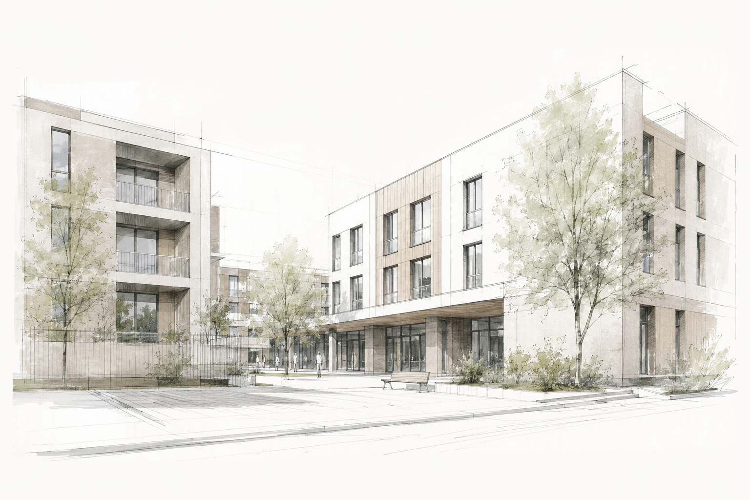 Architektonická skica moderního bydlení pro seniory