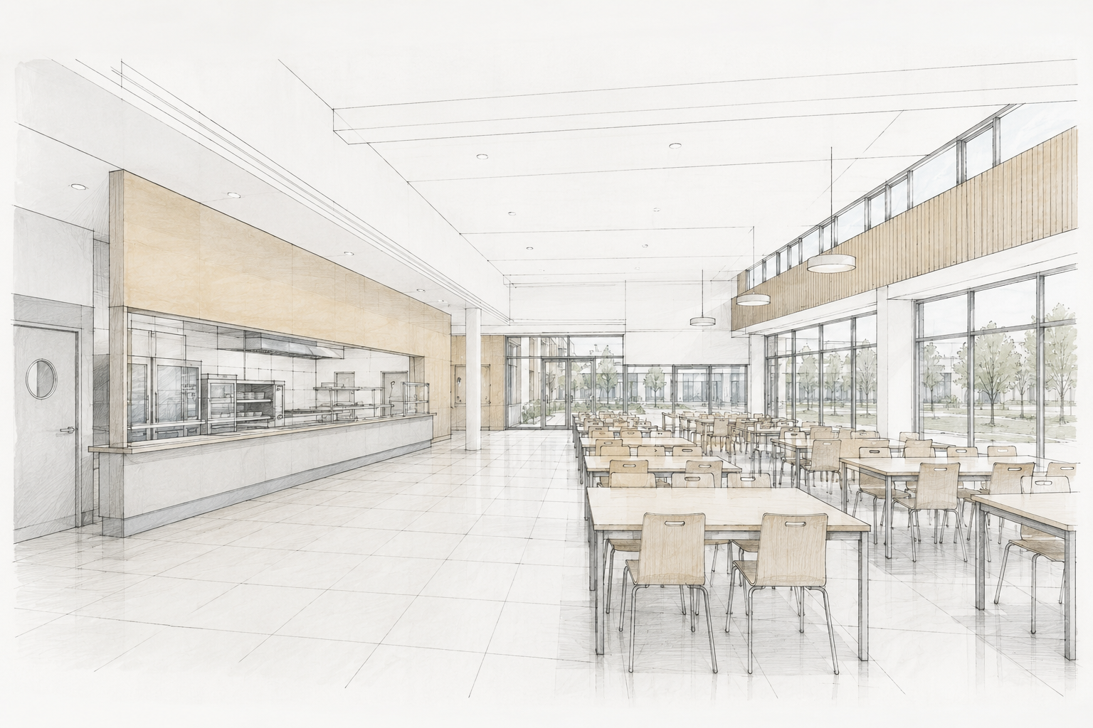 Architektonická skica moderní školní jídelny